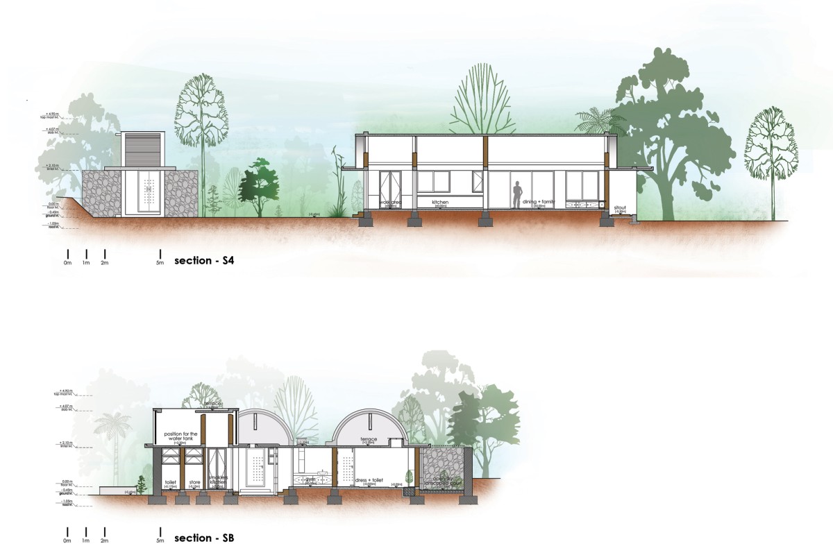 Section S4 and Section SB of The Walls and Vaults House by LIJO.RENY.architects