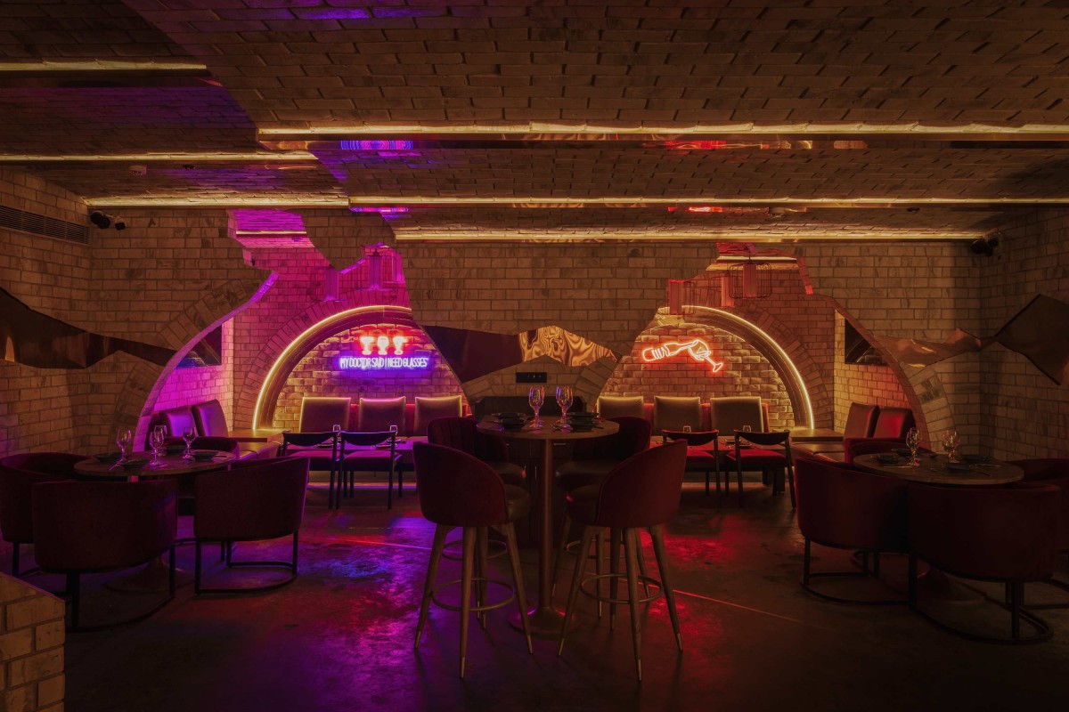 View of the private lounge in the late evening ambience with neon lights