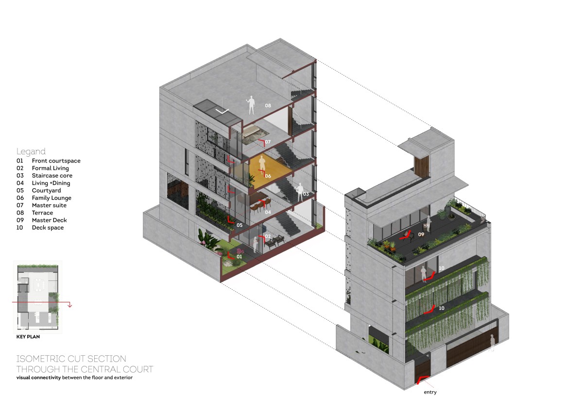 Isometric cut section through central court of Aniketana by Kasa Design Collective