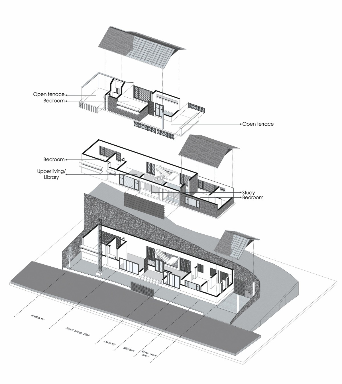 Axonometric view of Home on a line by Nestcraft Architecture