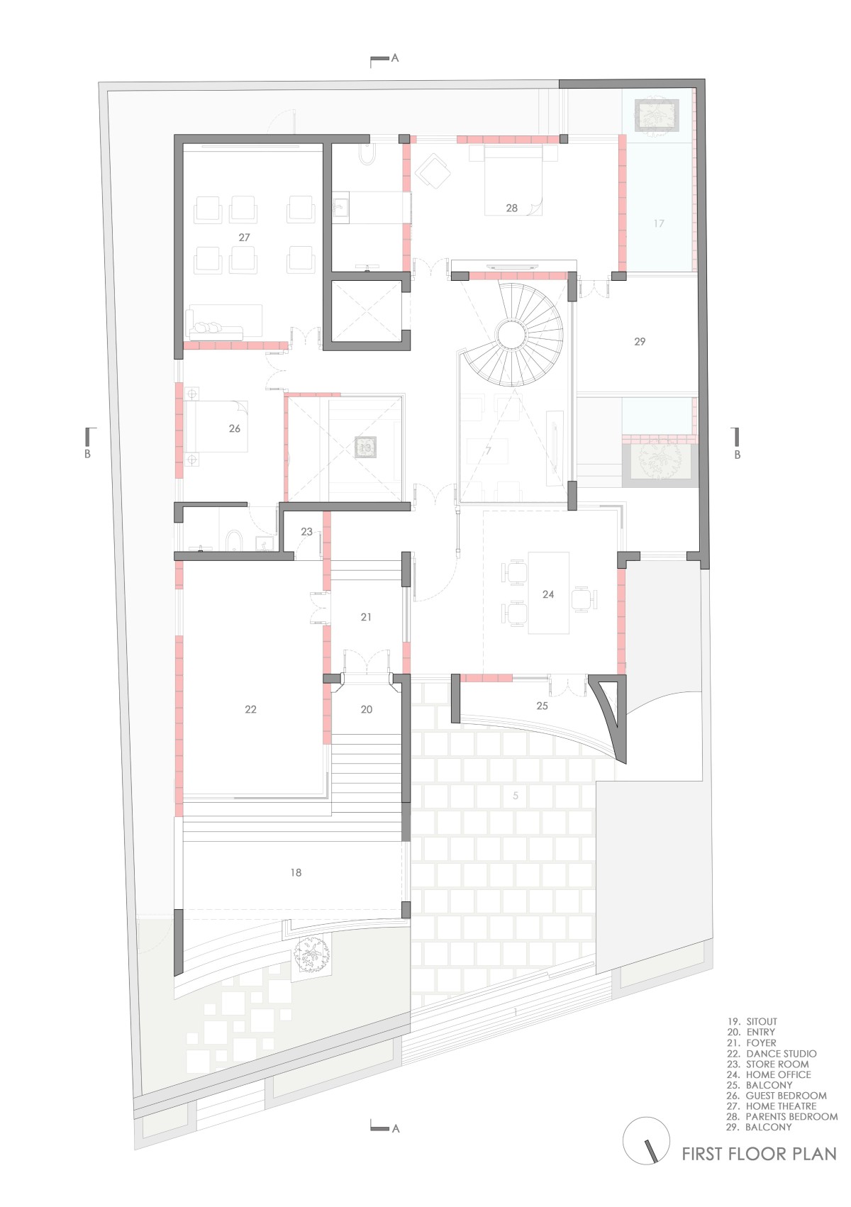 First Floor Plan of House 1 by Thenappan Architects