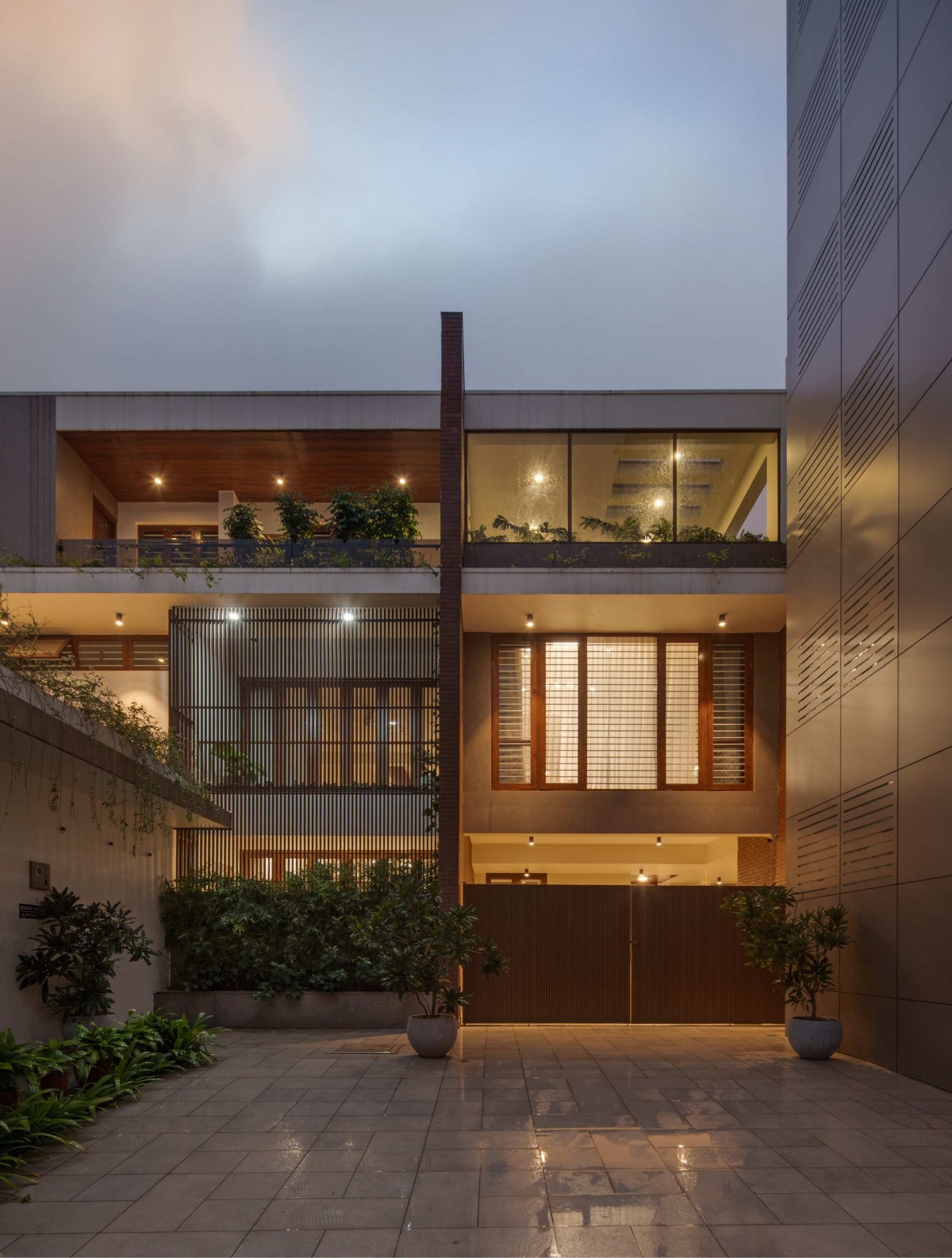 Dusk light exterior view of Tanish by Jyaamiti Architectural Studio