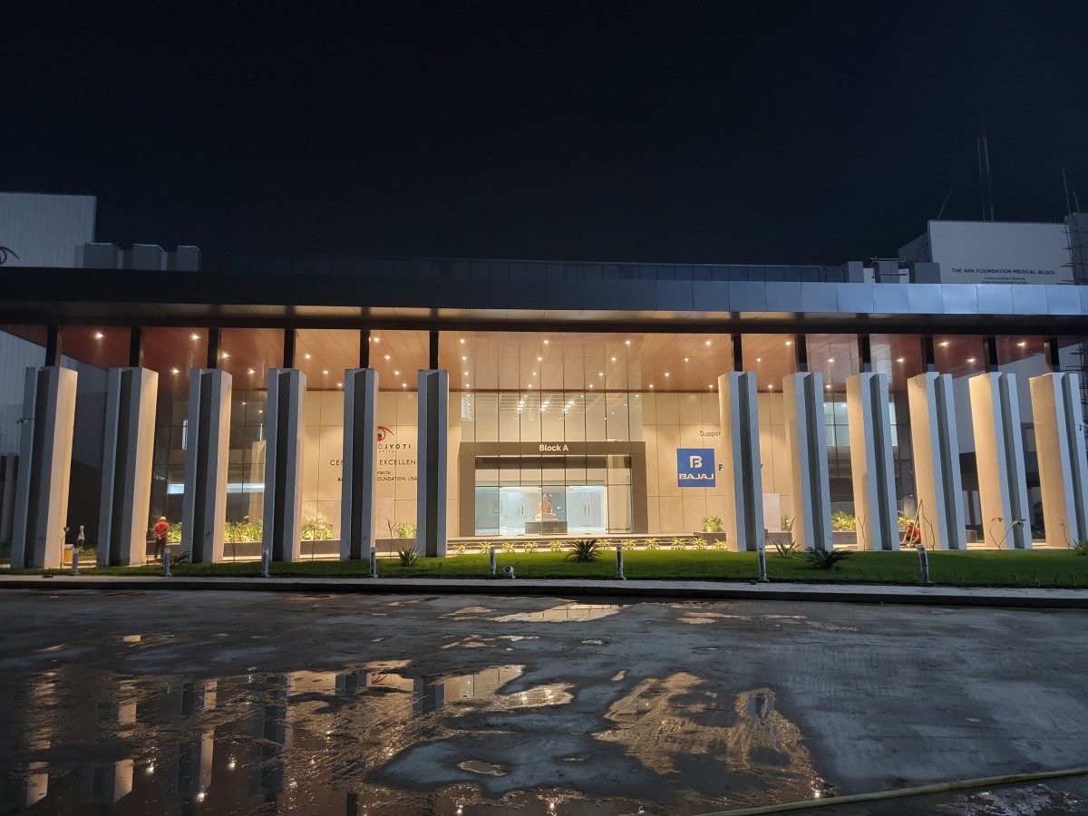 Night shot of exterior of Akhand Jyoti Eye Hospital Centre of Excellence by BuiltX Sustainable Design & Construction