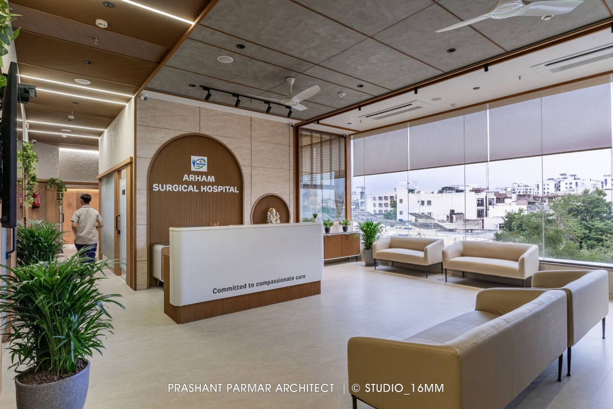 Reception & Waiting Area of Modern Hospital Interior at Ratnanjali Solitaire by Prashant Parmar Architect