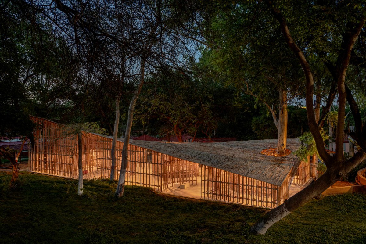 Dusk light view of south elevation of North-East Bamboo Pavilion by  atArchitecture