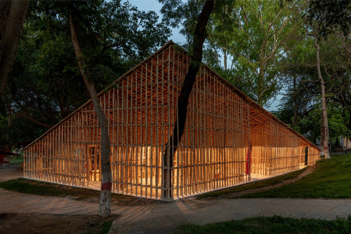 Dusk light view west elevation of North-East Bamboo Pavilion by  atArchitecture