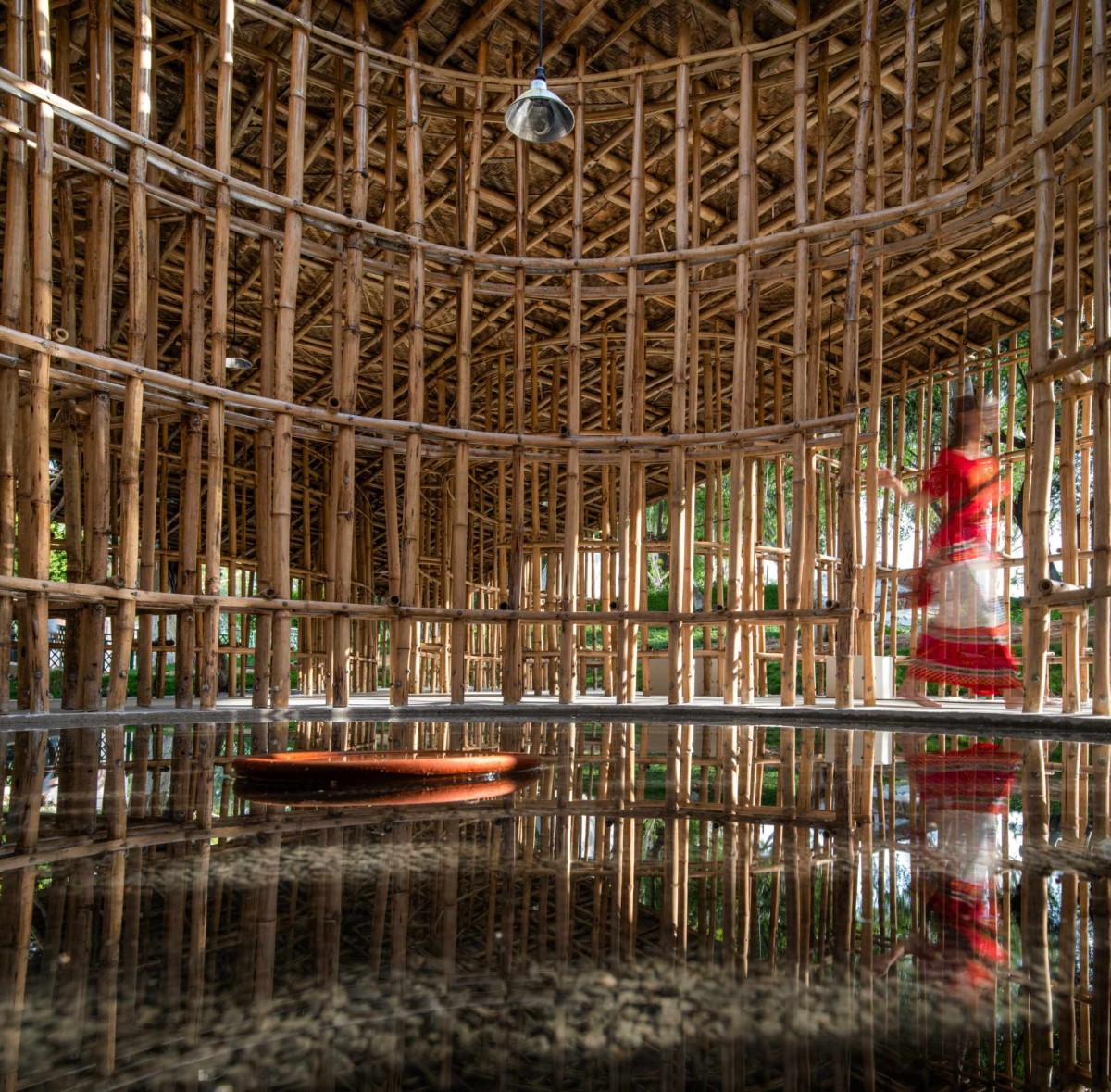 Meghalaya court and pitched ceiling of North-East Bamboo Pavilion by  atArchitecture