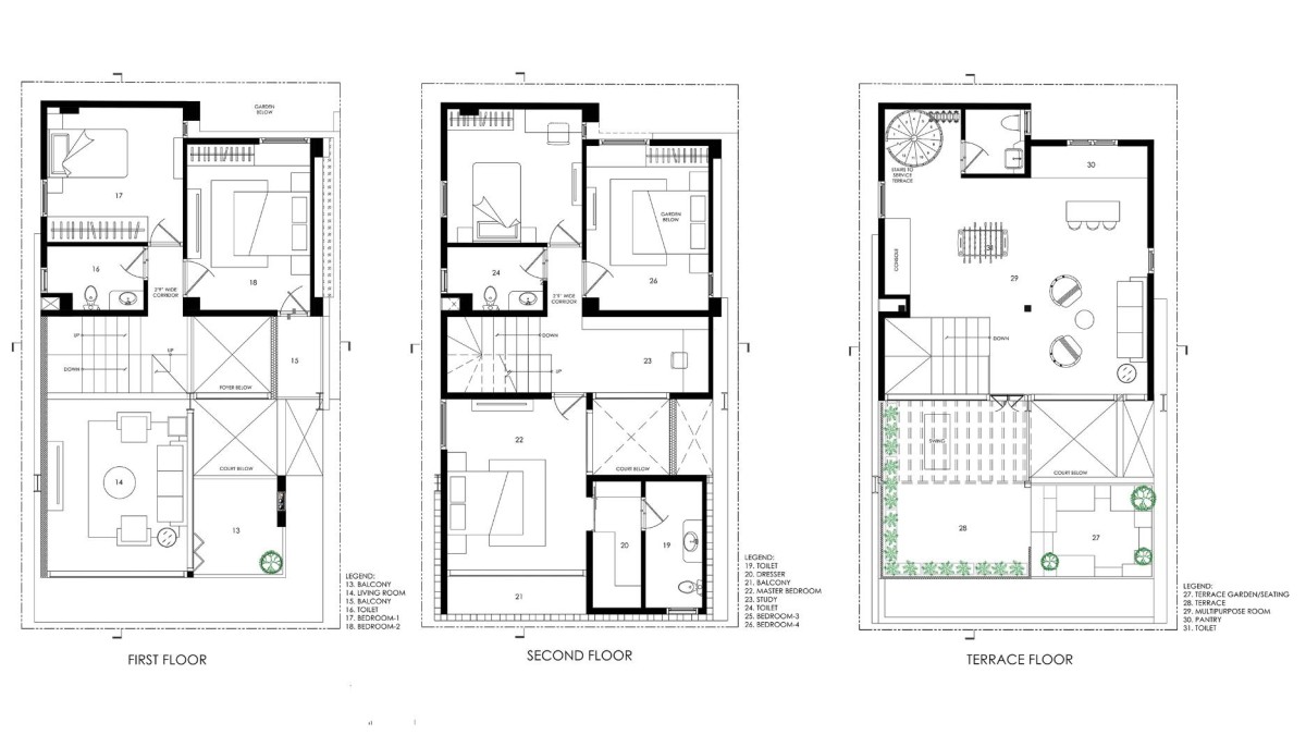 First, Second & Terrace Floor Plans of Pulley House by Studio 3Ca