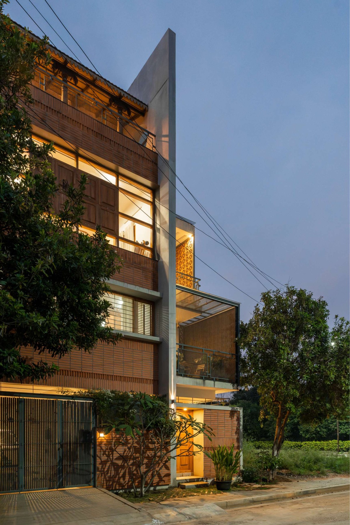 Dusk light exterior view of Ahaladham by Studio Kosha