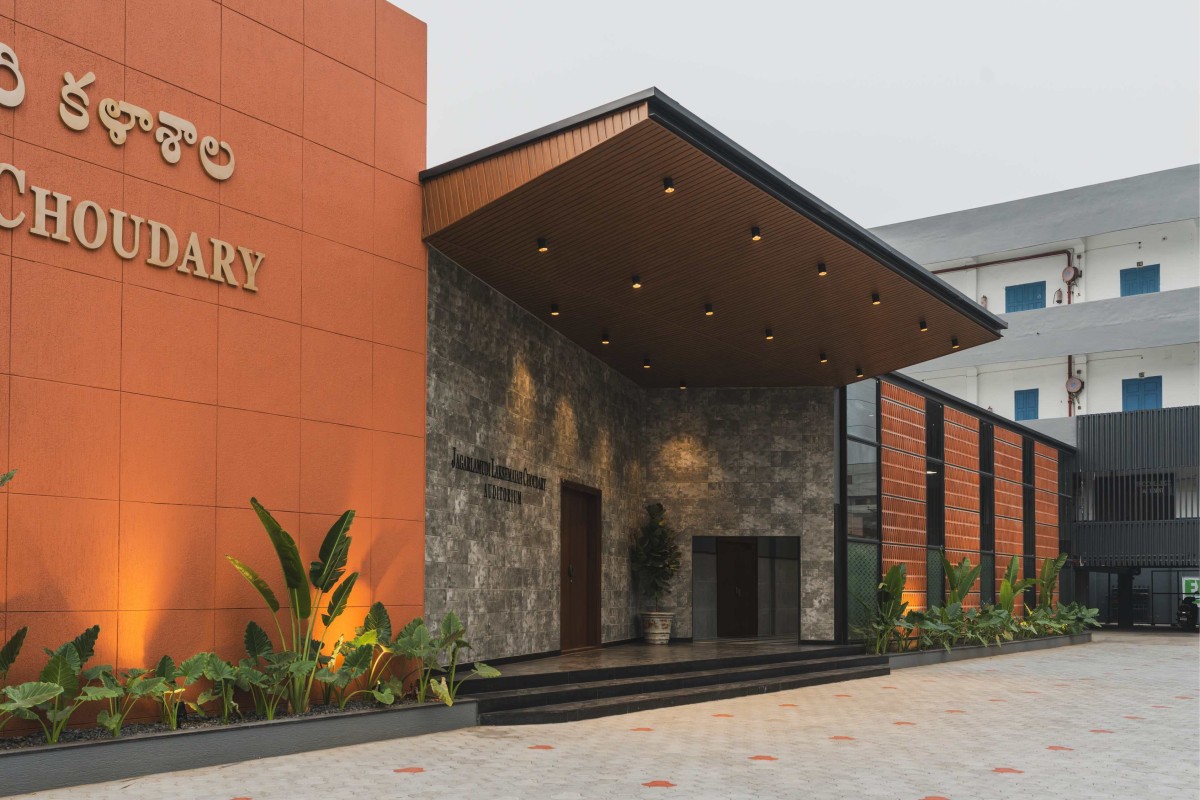 Dusk light exterior view of JKC Auditorium by Dimensions