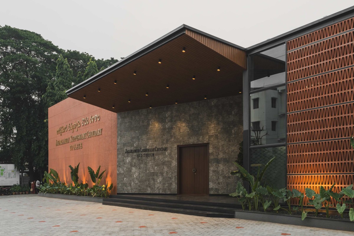 Dusk light exterior view of JKC Auditorium by Dimensions