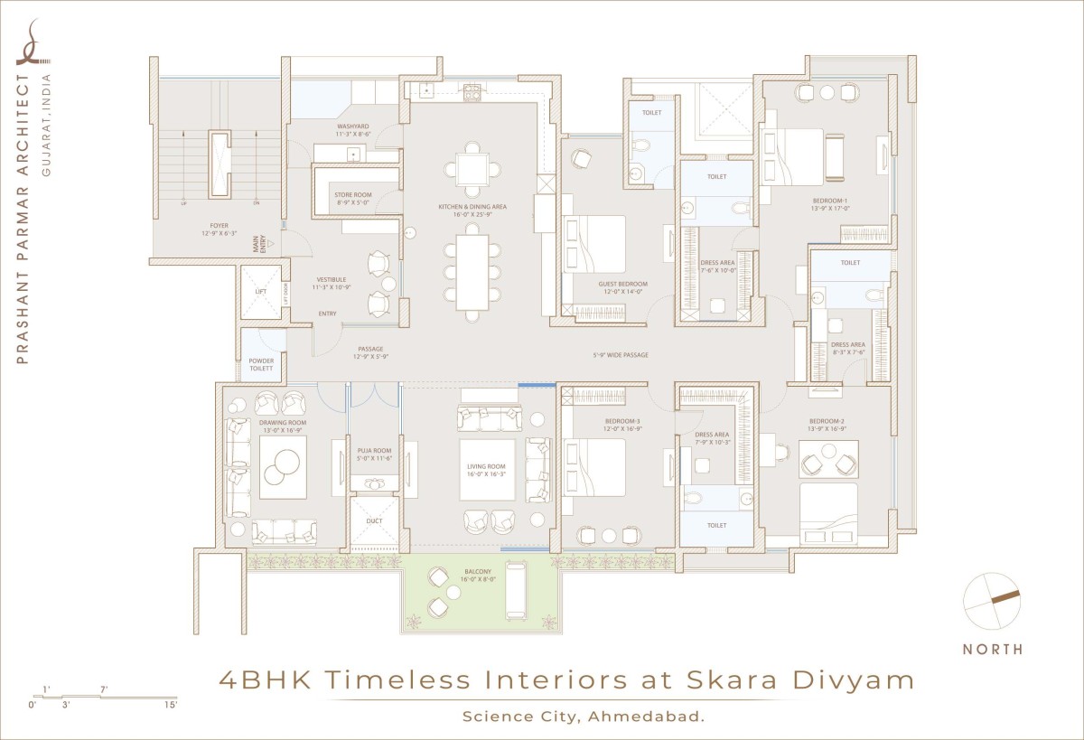 Plan of 4BHK Timeless Interiors at Skara Divyam by Prashant Parmar Architect