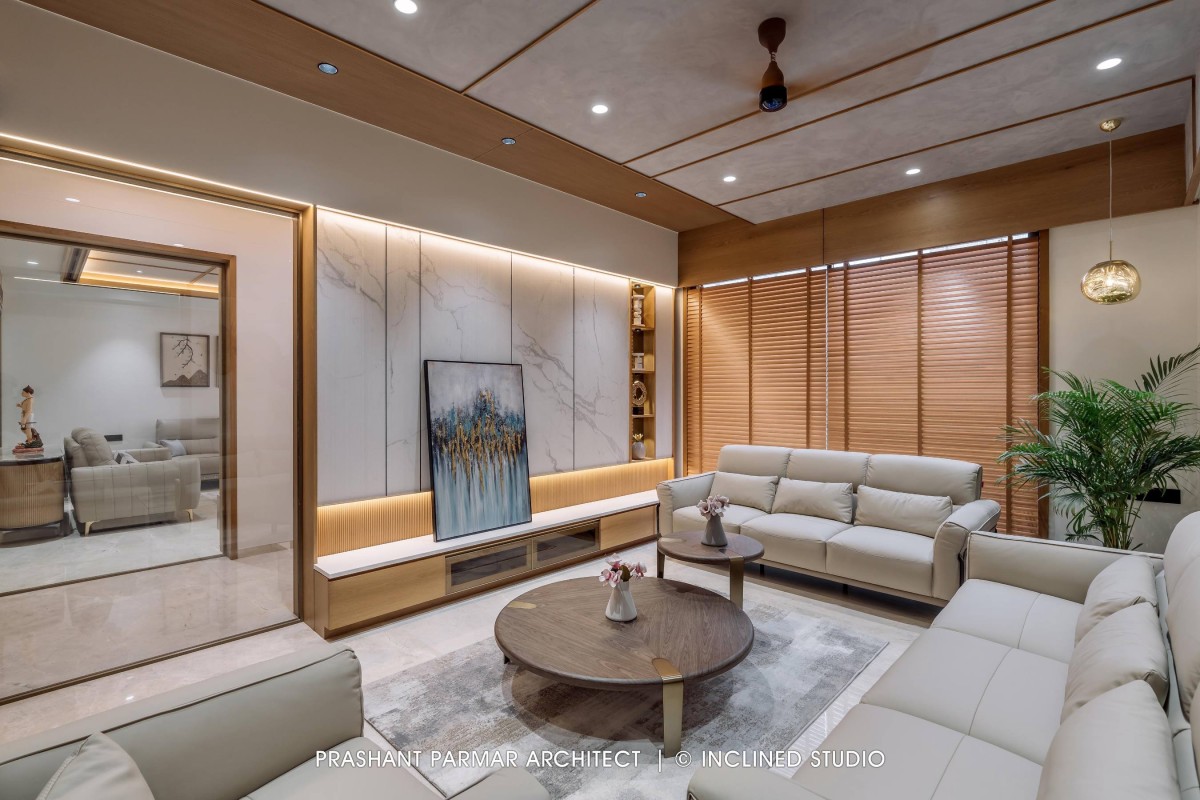 Drawing room of 4BHK Timeless Interiors at Skara Divyam by Prashant Parmar Architect