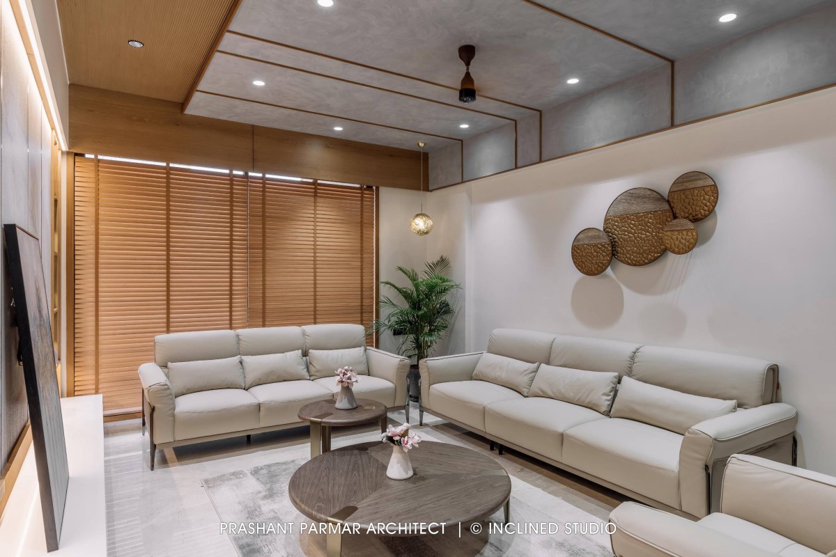Drawing room of 4BHK Timeless Interiors at Skara Divyam by Prashant Parmar Architect
