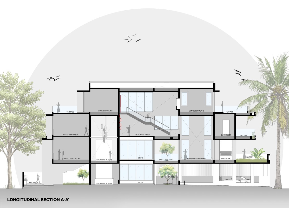 Longitudinal Section of Prakashalay by Associated Architects (i) Pvt. Ltd.