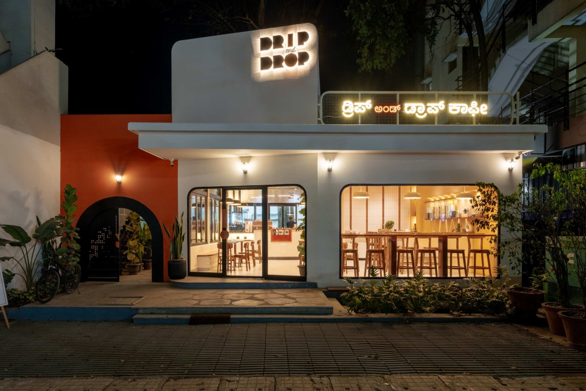 Night exterior view of Drip And Drop by Inari Atelier