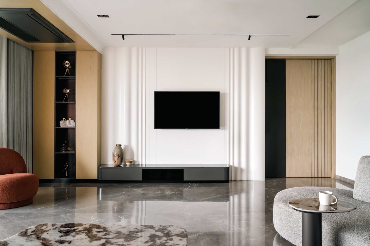 TV Unit of 4BHK Apartment at Akshar Iland By Scj Architects & Interior Designers