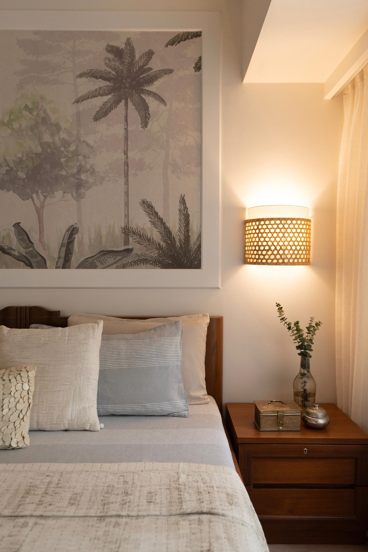 Custom biophilic mural as bedrock paired with a solid wood bed of Maison Blanche by Oris Architects