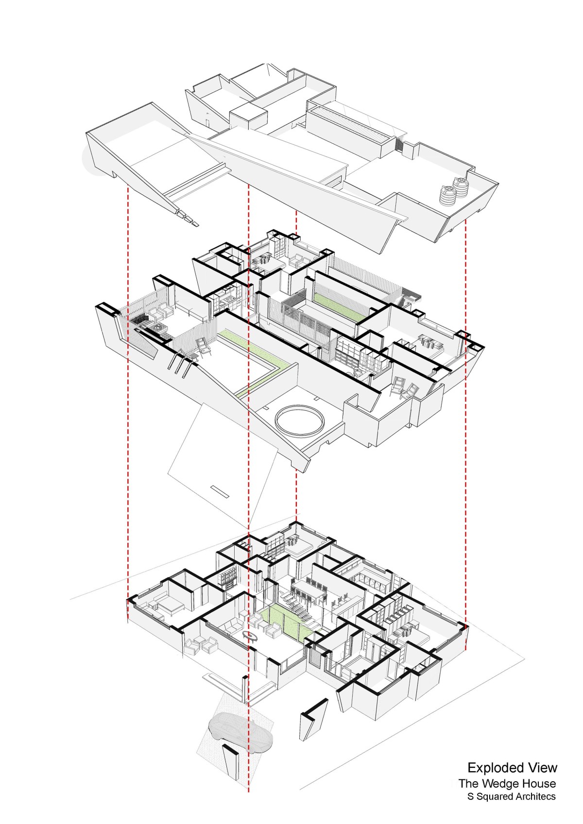Isometric exploded view of the Wedge House
