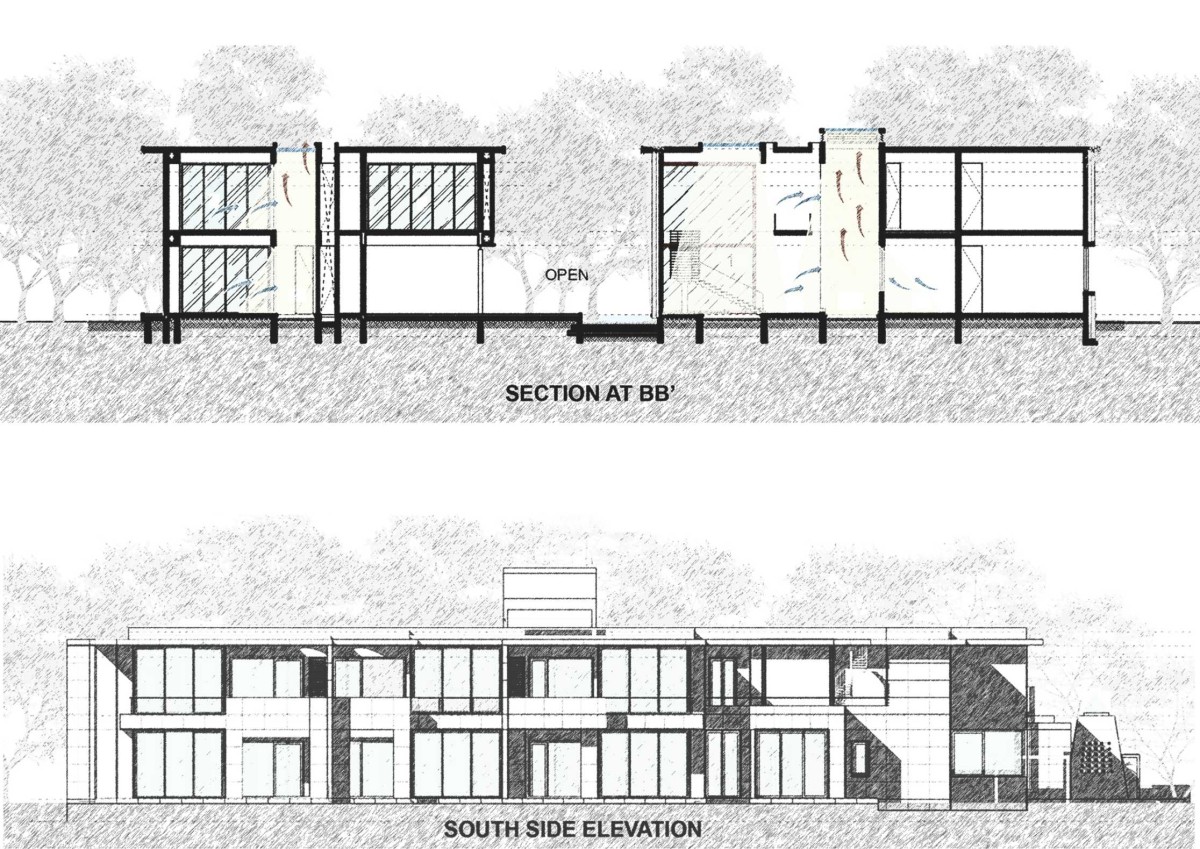 Elevation and Section of Maheshwari House by Anil Ranka Architects