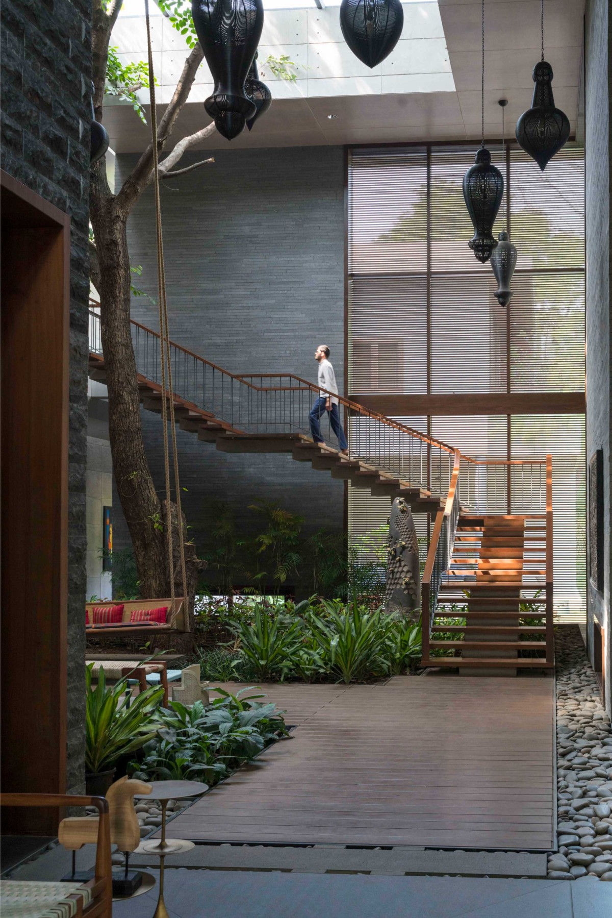 Staircase Courtyard at ground floor of Maheshwari House by Anil Ranka Architects