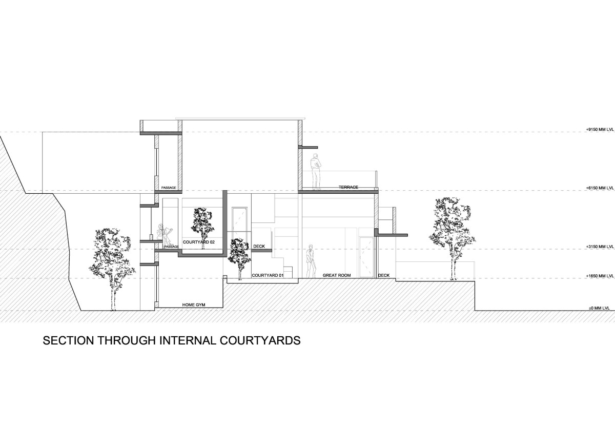 Section through internal courtyards of Viswam Residence by N&RD