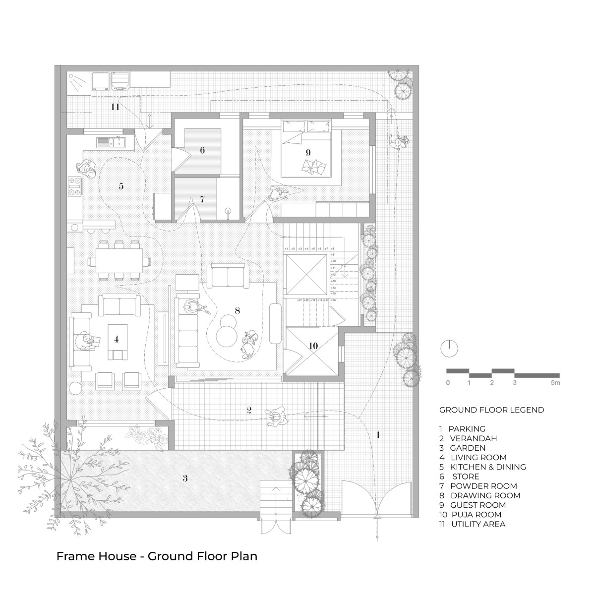 Ground floor plan of Frame House by UrbanNest Design Studio