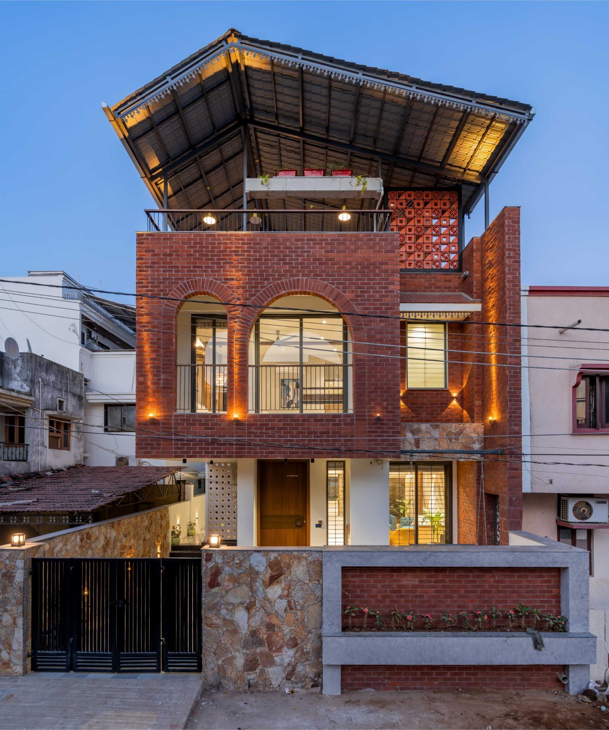 Dusk light exterior view of Chainani House by Jagrut Shah Architect and Associates