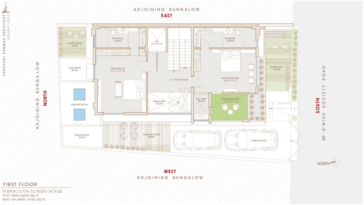 First Floor Plan of Terracotta Screen House by Prashant Parmar Architect  Shayona Consultant