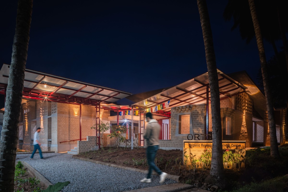 Dusk light exterior view of Organic Research & Training Centre by Sejpal & Raje Architects