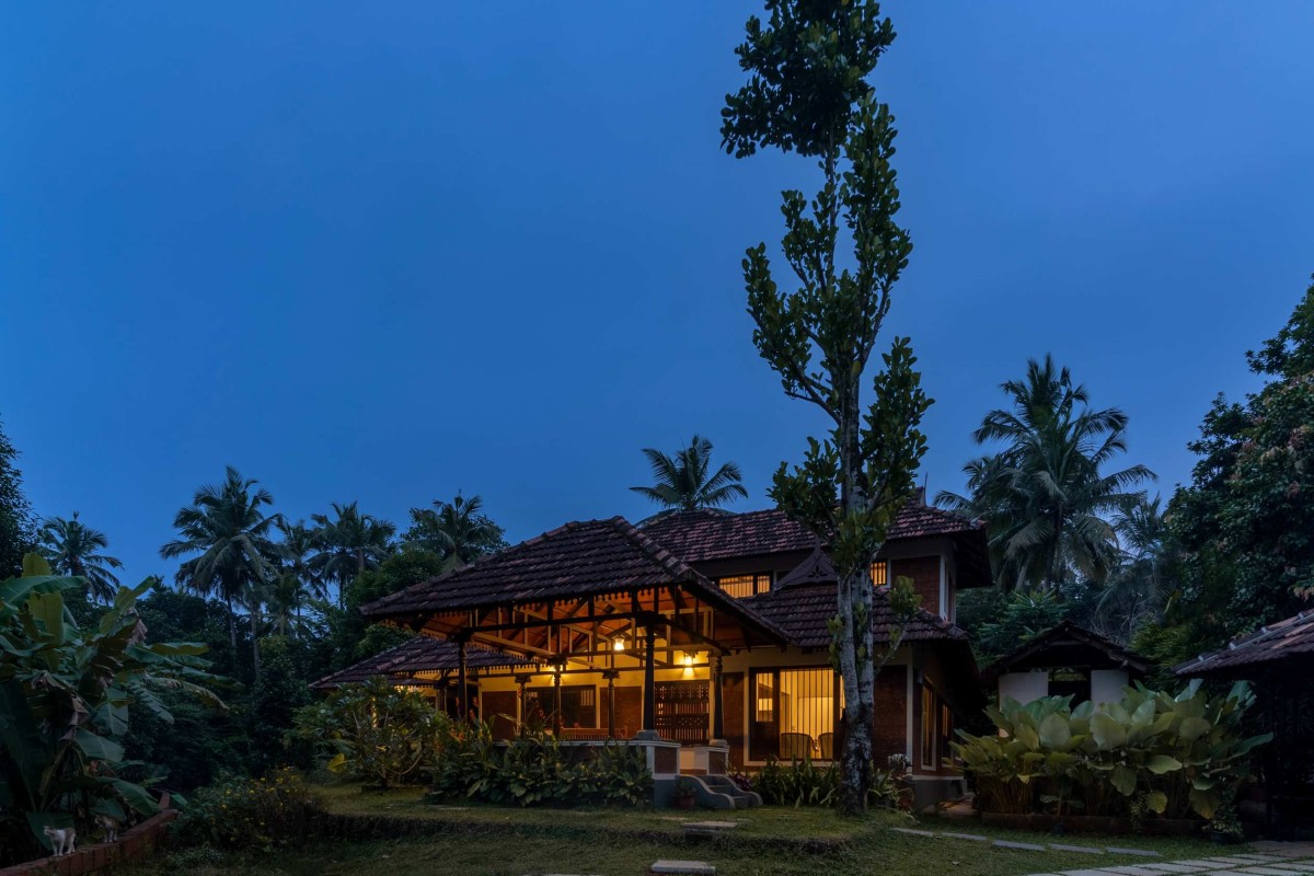 Dusk light exterior view of Nihaaram by Padav Design Collective