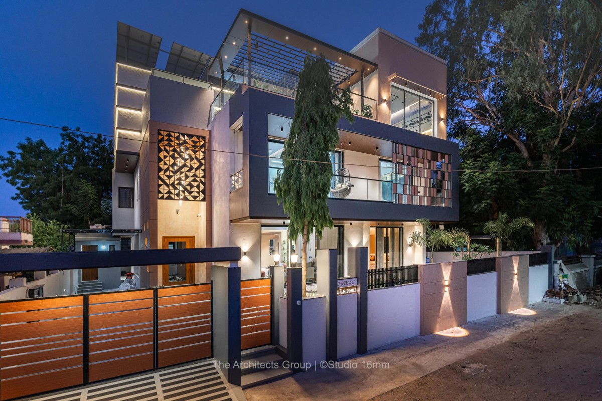 Dusk light exterior view of Prasad by Mauliv Patel Architects