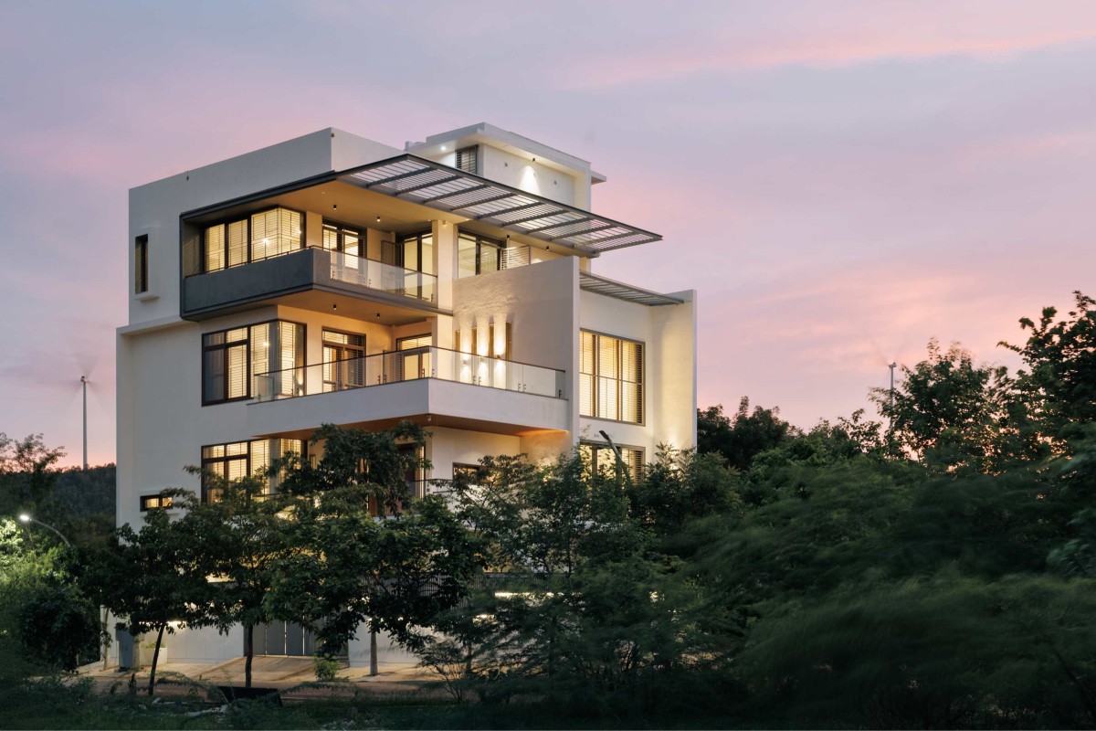 Dusk light exterior view of House of Terraces by Akshata Shenoy Design Studio and Studio HC