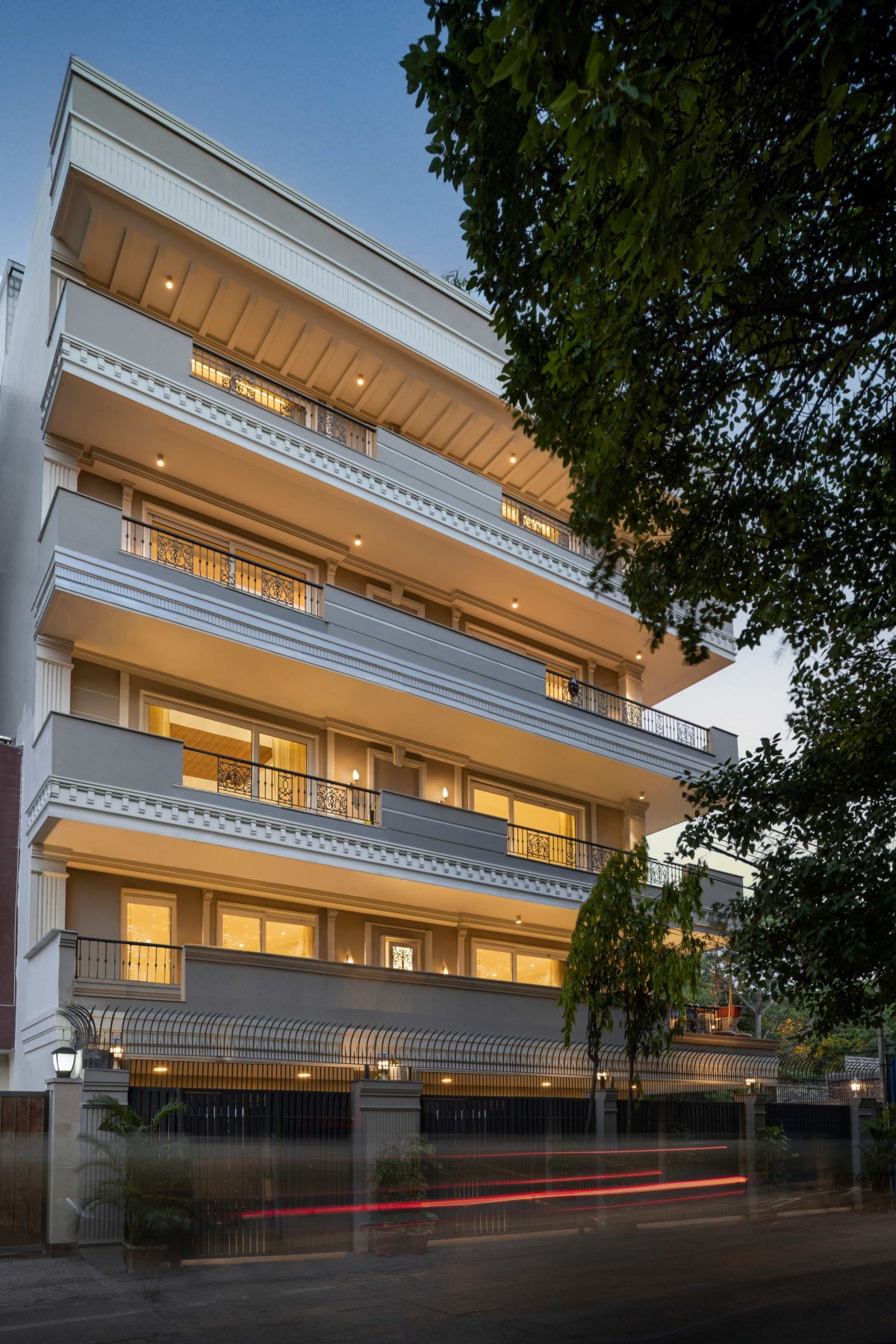 Dusk light exterior view of Kaira by Ajay Nirmal Architects