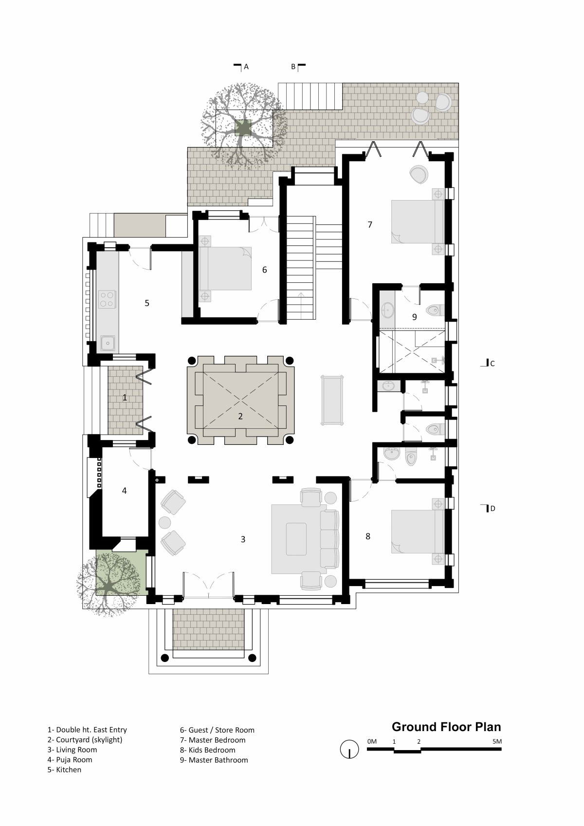 Ground Floor Plan of Suryangan - The Courtyard House by Suyash Mankame Design Studio