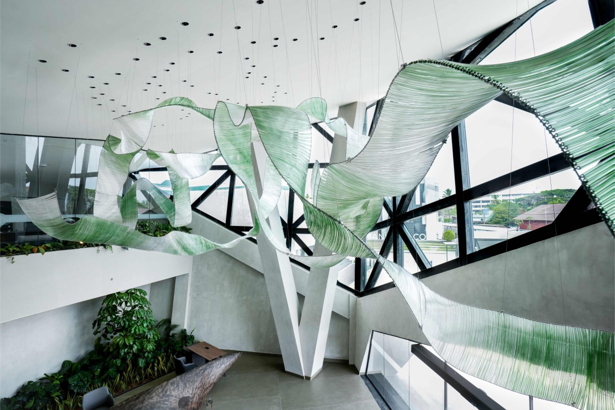 An organic crystal installation suspended from the ceiling of Amethyst by Curved Dimension