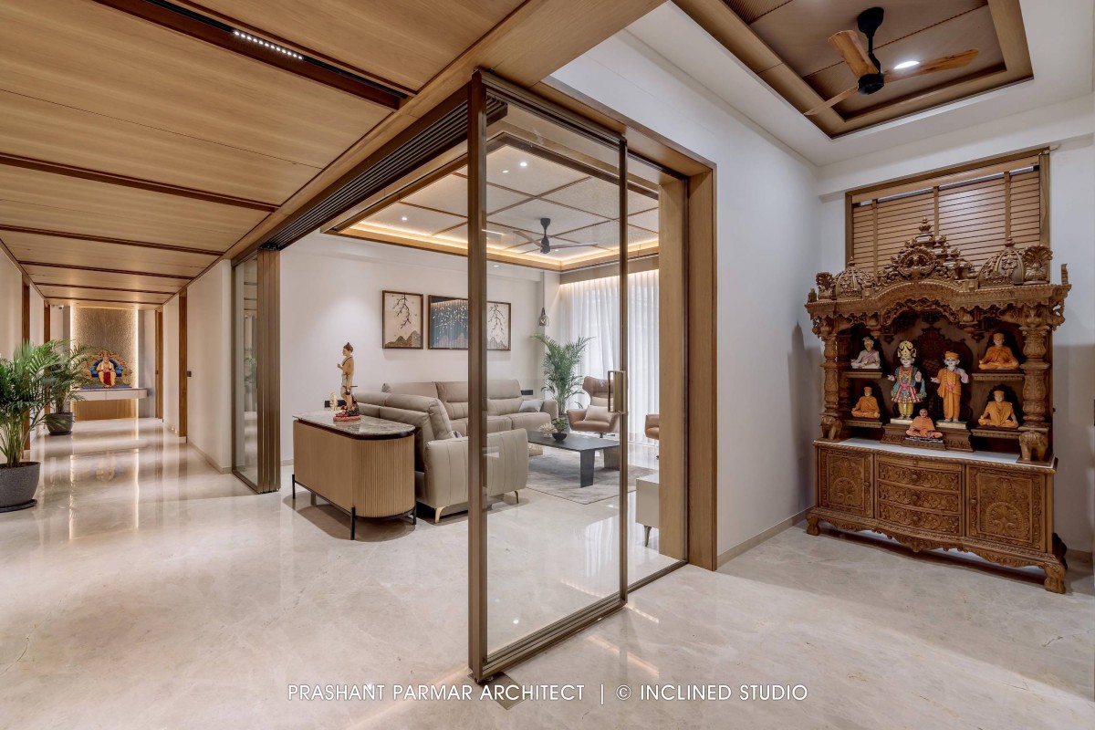 Pooja room of 4BHK Timeless Interiors at Skara Divyam by Prashant Parmar Architect