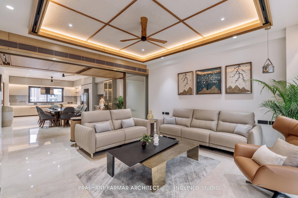 Living room of 4BHK Timeless Interiors at Skara Divyam by Prashant Parmar Architect
