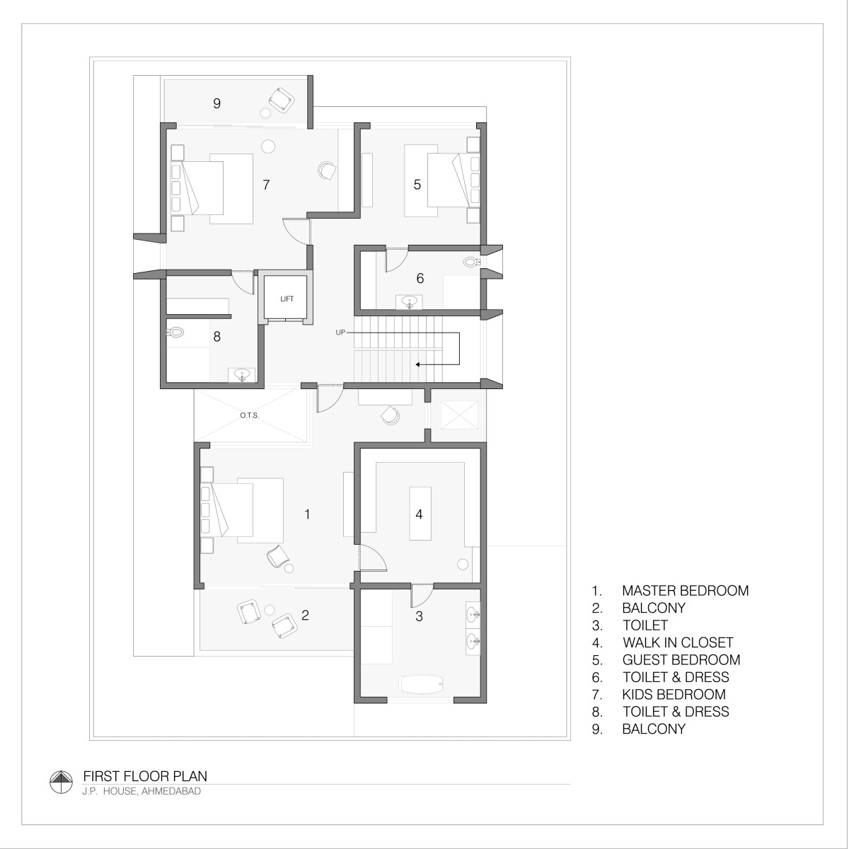 First Floor Plan of J.P. House by Utsav Patel Architects